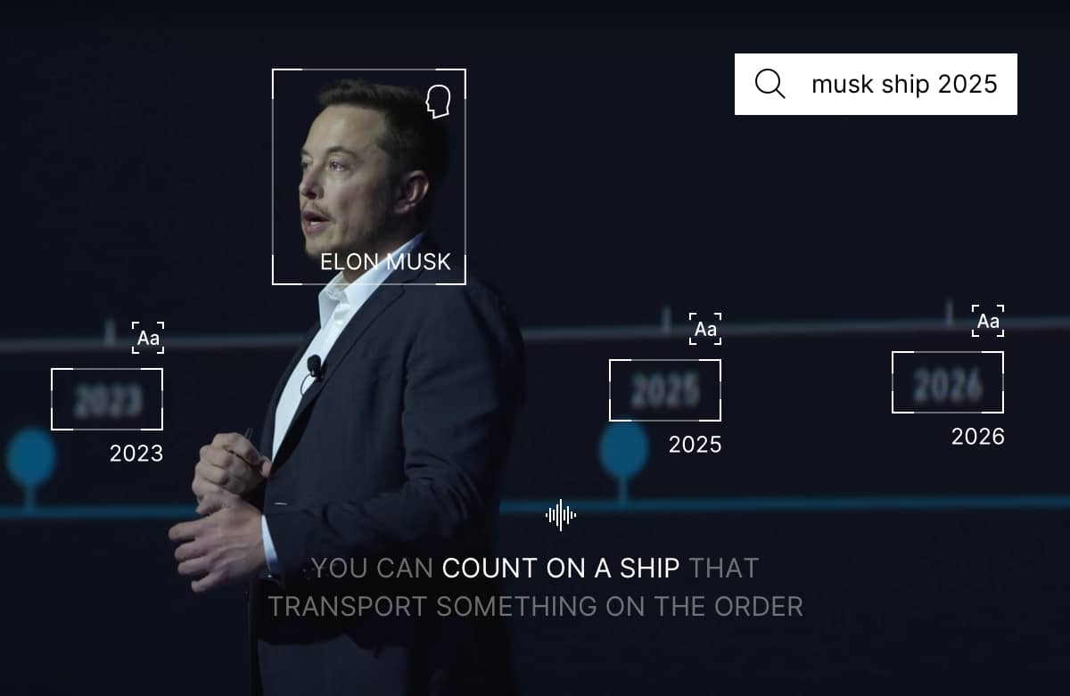 Elon Musk speaking to an audience. His face and background text are highlighted with bounding boxes.